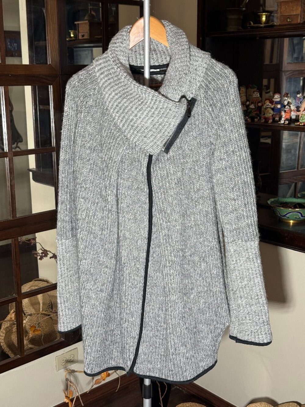 Women's Gray Made in Italy Wool Blend Chunk Knit Open Front Cardigan Long Sz M